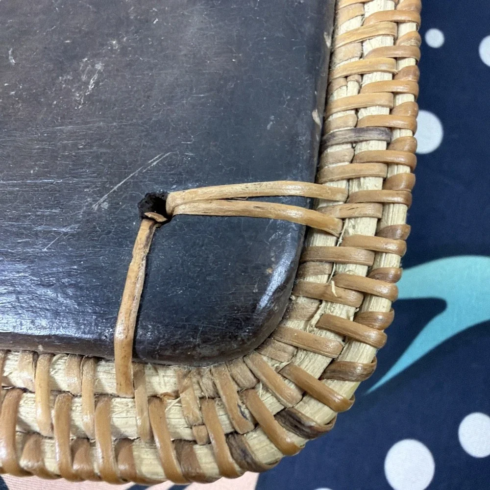 VTG Terracotta Square Centerpiece Plate Reed Trim Decor 9.5 Inches Brown BOHO